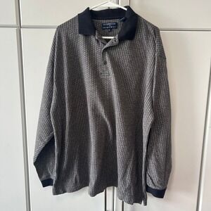 Hathaway Sport Mens XL Long Sleeve Polo Shirt Grey Black Geometric Cotton Knit
